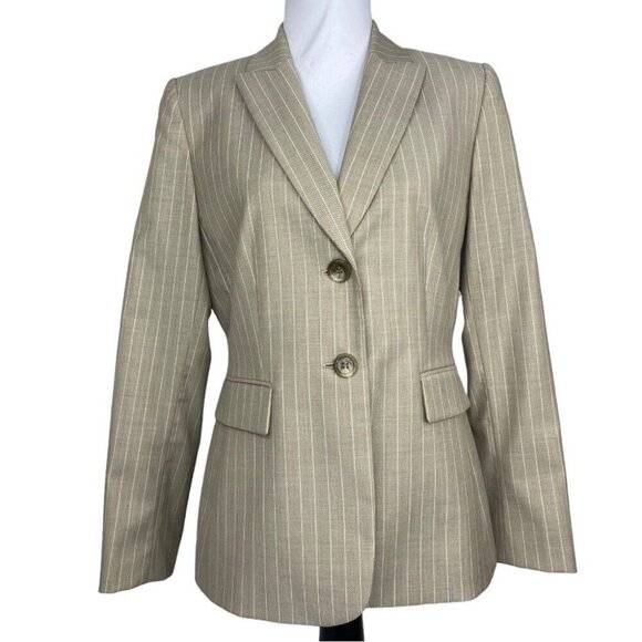 Tahari‎ ASL Women’s Tan White Striped Two Button Business Career Blazer 10/C39 - Picture 1 of 11